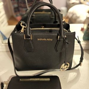 SOLD Michael Kors Camille Saffiano Leather Black & Gold Satchel Crossbody